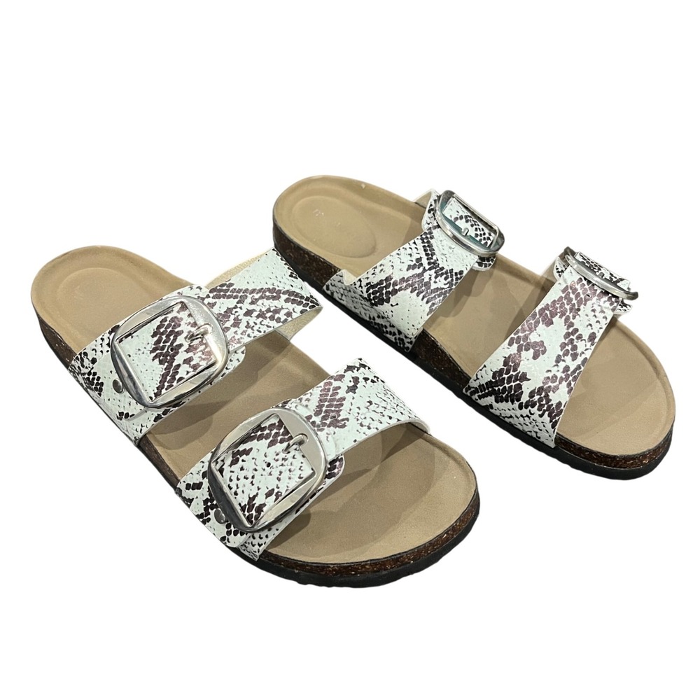 Madden Girl Brinaa Snake Double Strap Buckle Slide Sandals White Black 7.5 M